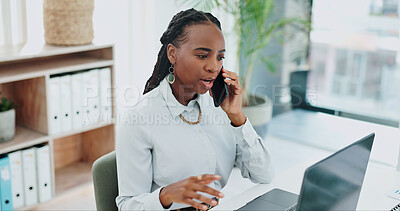 Business woman, phone call and laptop for online research in office and talking of information on website. Black person, government or professional with smartphone or discussion on public governance