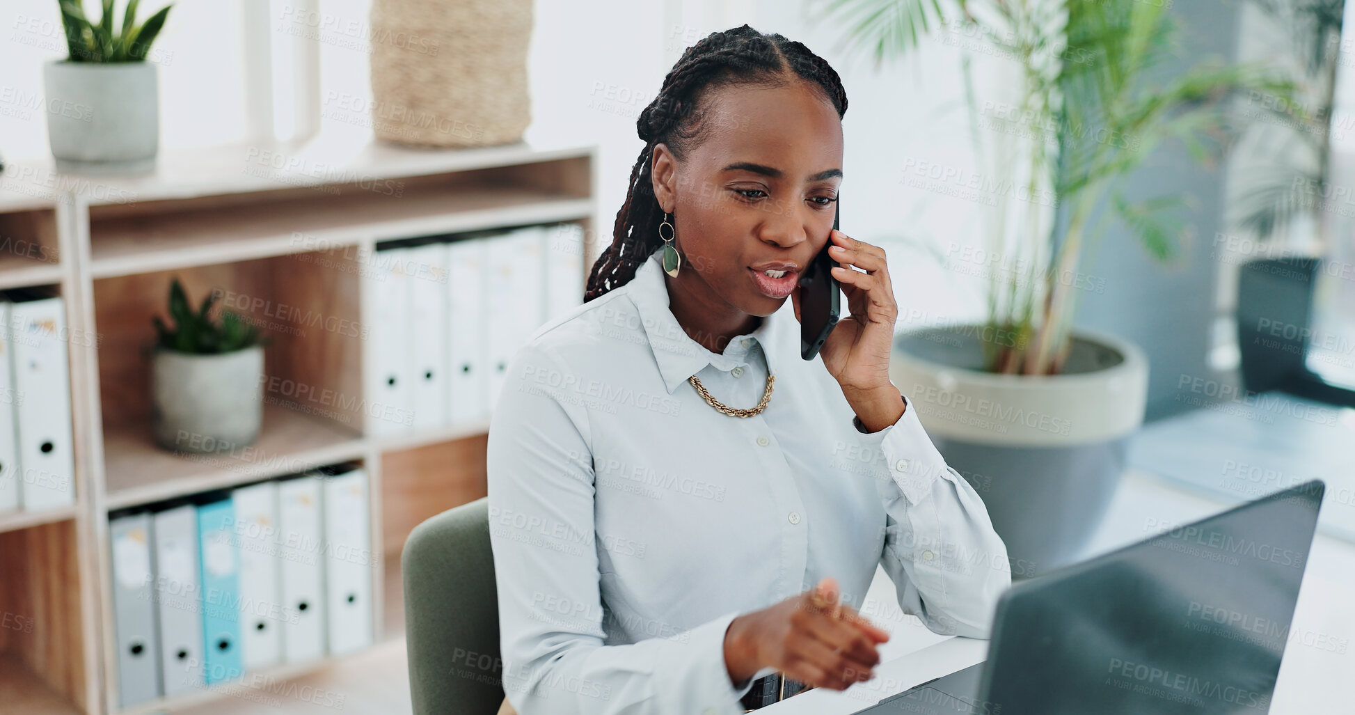 Buy stock photo Business woman, phone call and laptop for online research in office and talking of information on website. Black person, government or professional with smartphone or discussion on public governance