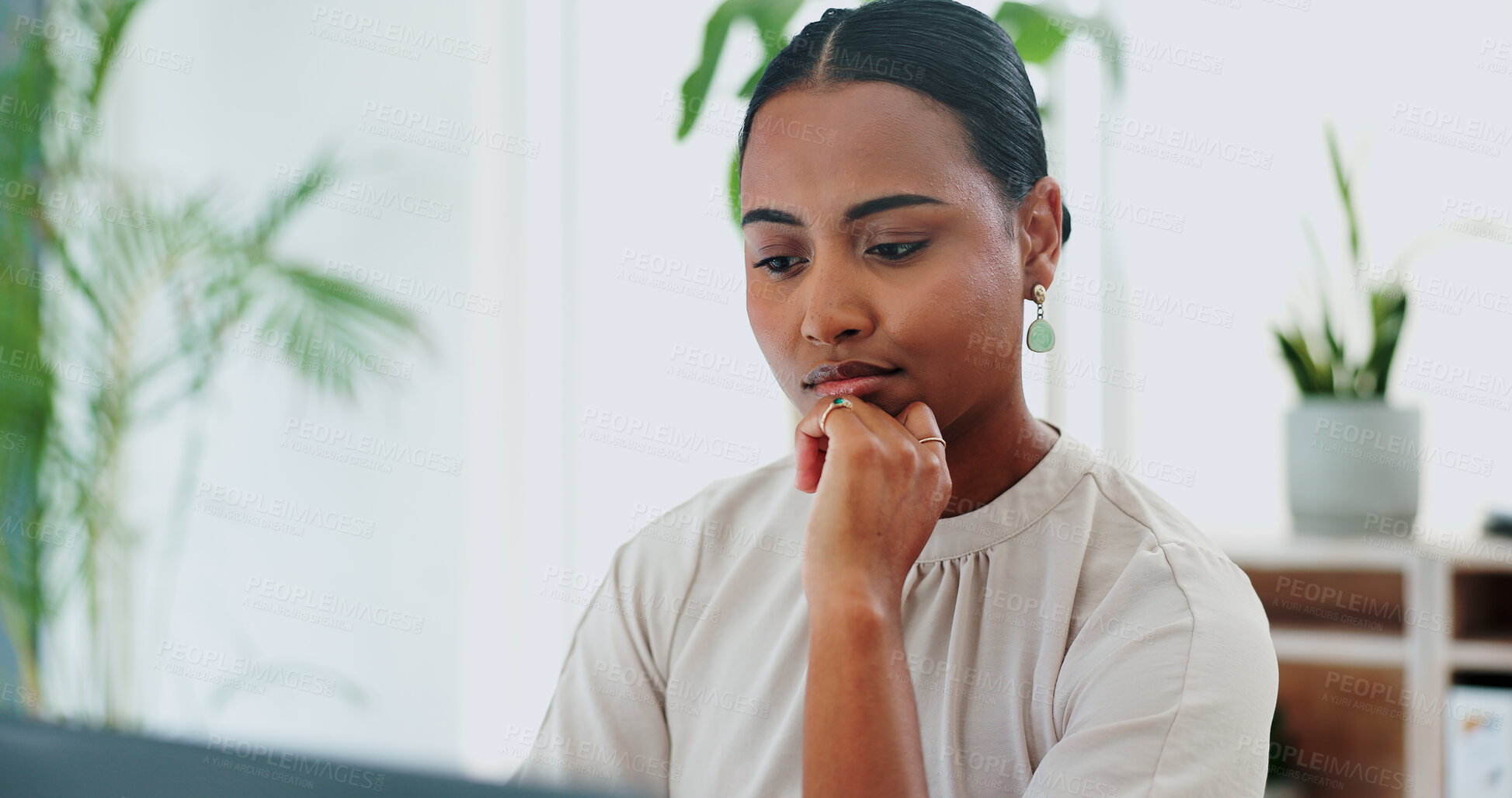 Buy stock photo Idea, thinking or business woman in office with plan agreement, research or conclusion. Questions, why or female consultant online for problem solving, brainstorming or solution, search or insight