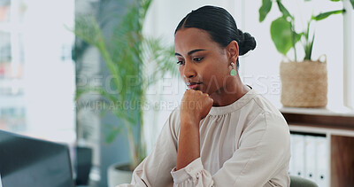 Business woman, thinking and decision with laptop for choice, planning or research at the office. Face of thoughtful female person in wonder for project, idea or solution on computer at the workplace