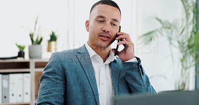 Businessman, phone call or laptop for online research in office or talking of information on website. Journalist, computer and professional on smartphone in discussion and networking on company blog