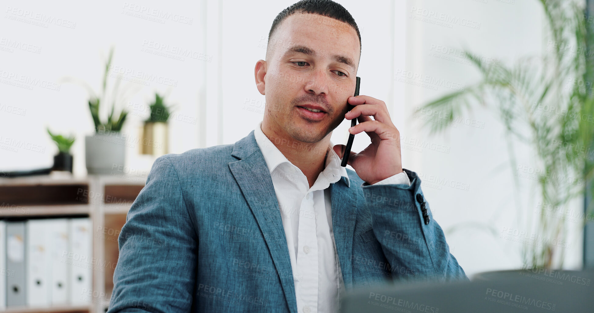 Buy stock photo Businessman, phone call or laptop for online research in office or talking of information on website. Journalist, computer and professional on smartphone in discussion and networking on company blog