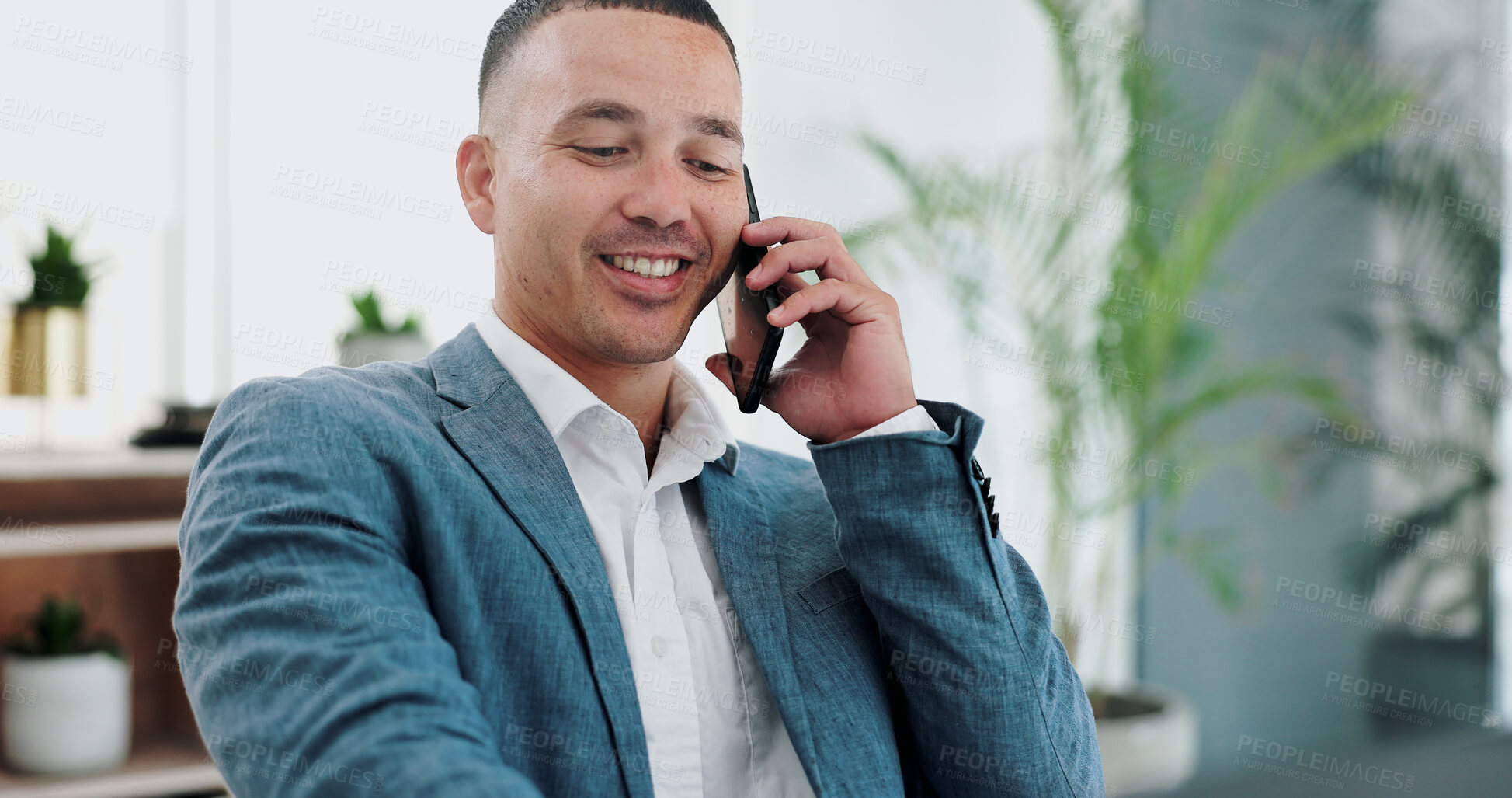 Buy stock photo Businessman, phone call or laptop for online research in office or talking of information on website. Journalist, computer and professional on smartphone in discussion and networking on company blog