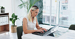 Business woman, writing and laptop for typing in office desk and online proposal for corporate. Accountant, thinking and email on financial performance for company report and document for feedback