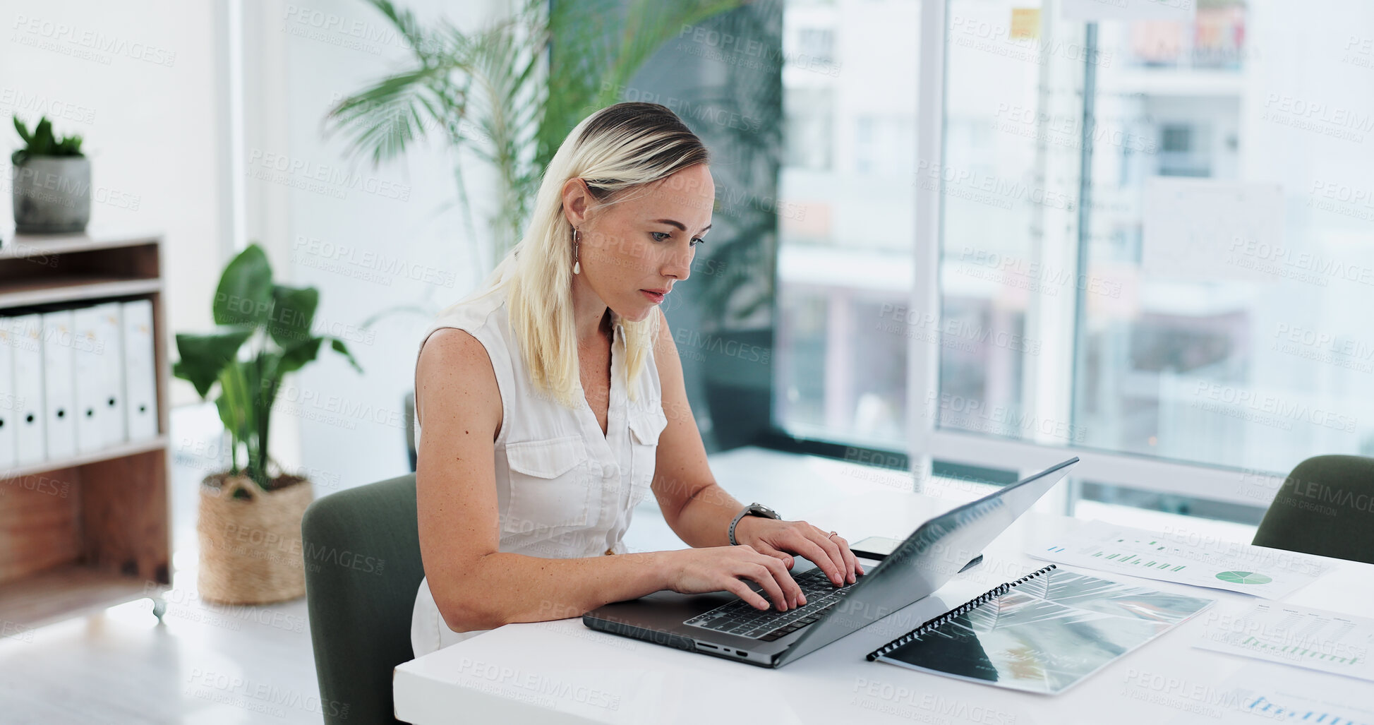 Buy stock photo Business woman, writing and laptop for typing in office desk and online proposal for corporate. Accountant, thinking and email on financial performance for company report and document for feedback