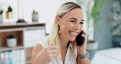 Business woman, happy and conversation with phone call for communication or networking at office. Female person or employee with smile and talking on mobile smartphone for discussion at workplace