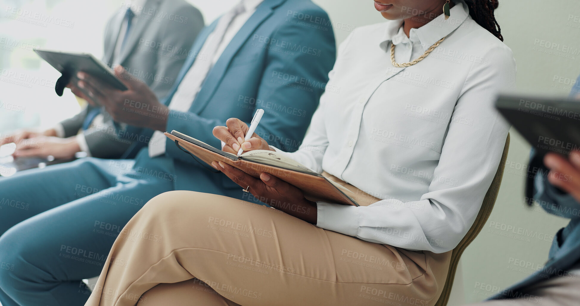 Buy stock photo Conference, notes or business people in row as audience or technology for decision making at tradeshow. Finance professional, diversity or problem solving on tablet or calculations on b2b investment