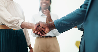 Business people, shaking hands and applause for agreement on deal, happy and success in corporate negotiation. Accounting team, b2b and sale of company assets and investment on merger or acquisition