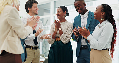 Happy, business people and applause with congratulations for winning, promotion or success at office. Group of employees clapping with smile for collaboration, teamwork or bonus together at workplace