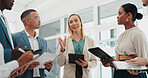 Teamwork, meeting and business people in office with tablet for website, online project and research. Corporate office, documents and men and women on digital tech for planning, review and networking