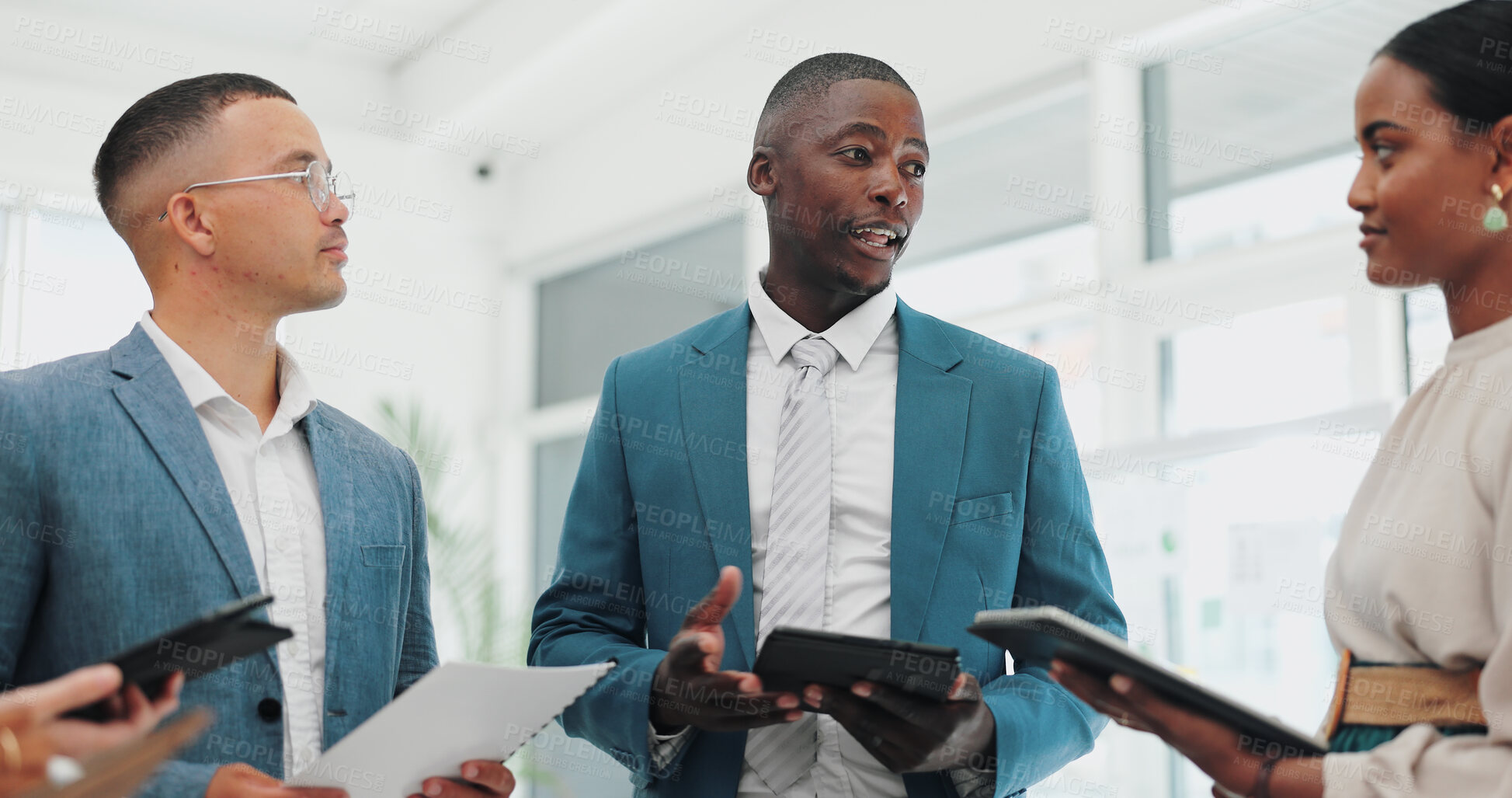 Buy stock photo Business people, teamwork and tablet for online research, paperless and information on digital tech in office. Corporate professional, talking and diversity for collaboration and law project at work