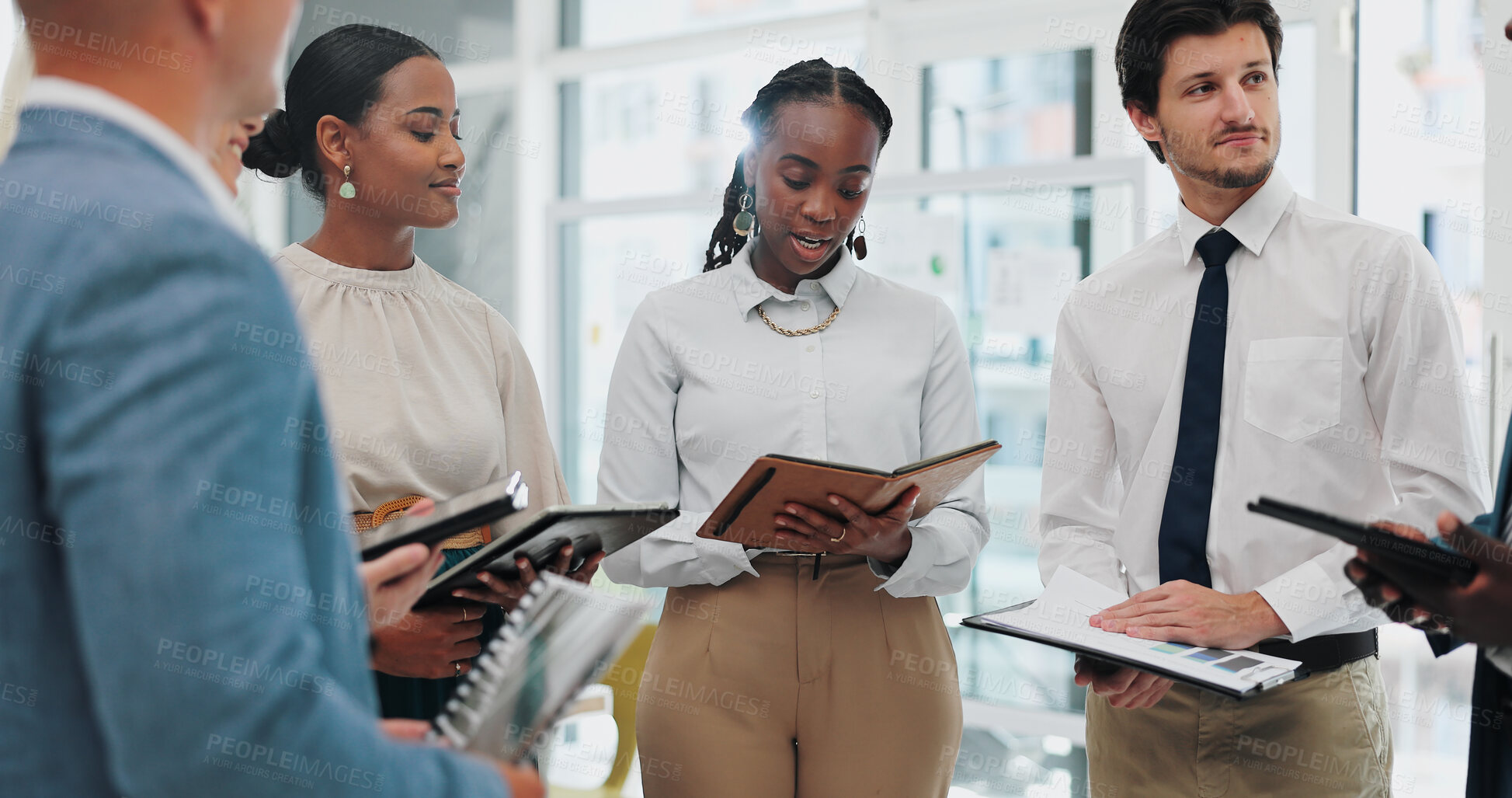 Buy stock photo Documents, technology and training with team of business people in office for discussion or planning. Coaching, collaboration and diversity with man and woman employee group talking in workplace