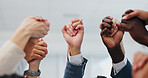 Business people, holding hands for prayer or support, trust and solidarity with mission, help and respect in team. Community, strong together and meeting with praise or celebration for collaboration