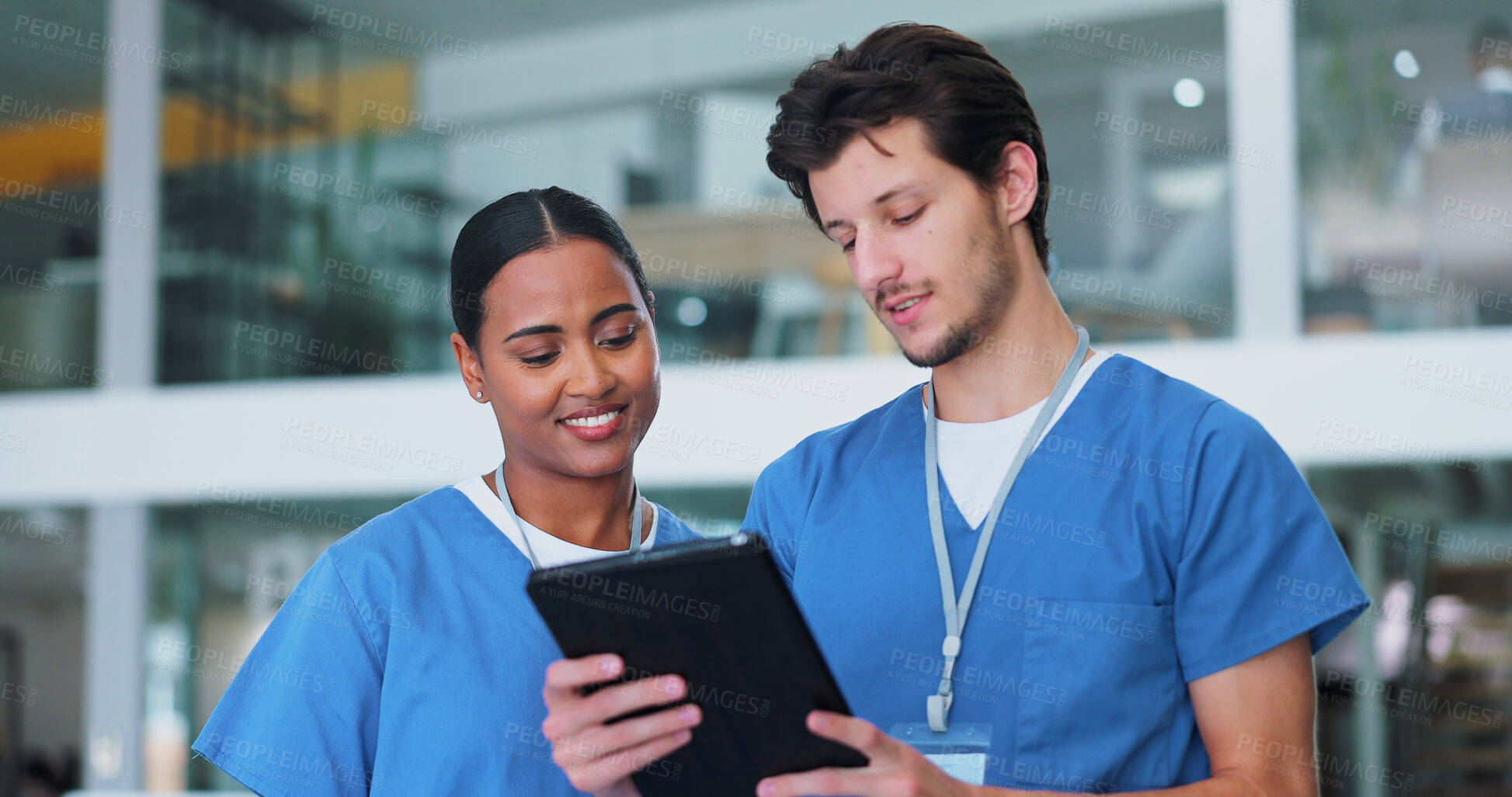 Buy stock photo Nurses, medical people and man with tablet in meeting for research, planning and support for solution in hospital. Healthcare staff, collaboration or workers with tech, talking or results in clinic