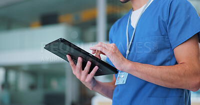 Hands, nurse and tablet for hospital schedule online, medical records or test results with scroll or typing. Person, technology with healthcare information or health insurance detail for telehealth