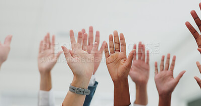 Business, hands and people with questions in presentation, coaching or team building closeup. Palm, attention and team in audience with seminar participation, conference or volunteering zoom gesture