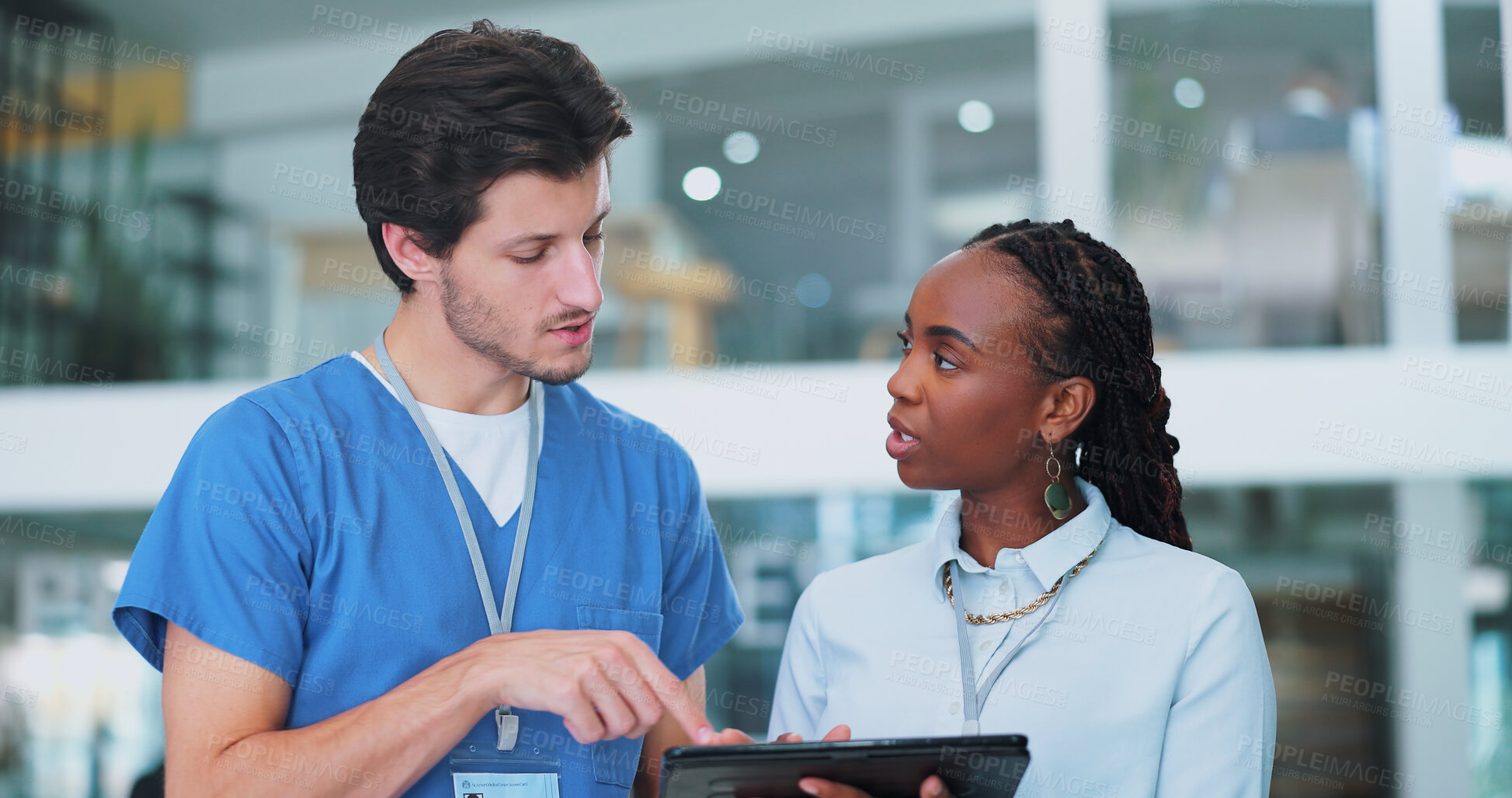 Buy stock photo People, nurse and businesswoman with tablet in meeting for research questions, ask and support for solution in hospital. Healthcare, team or medical funding with tech or man and woman with strategy