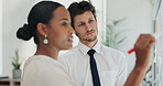 Business people, notes or glass board with writing in office, solution and collaboration for project management with diversity. Finance consultant, teamwork or mindmap on wall or scrum in workplace