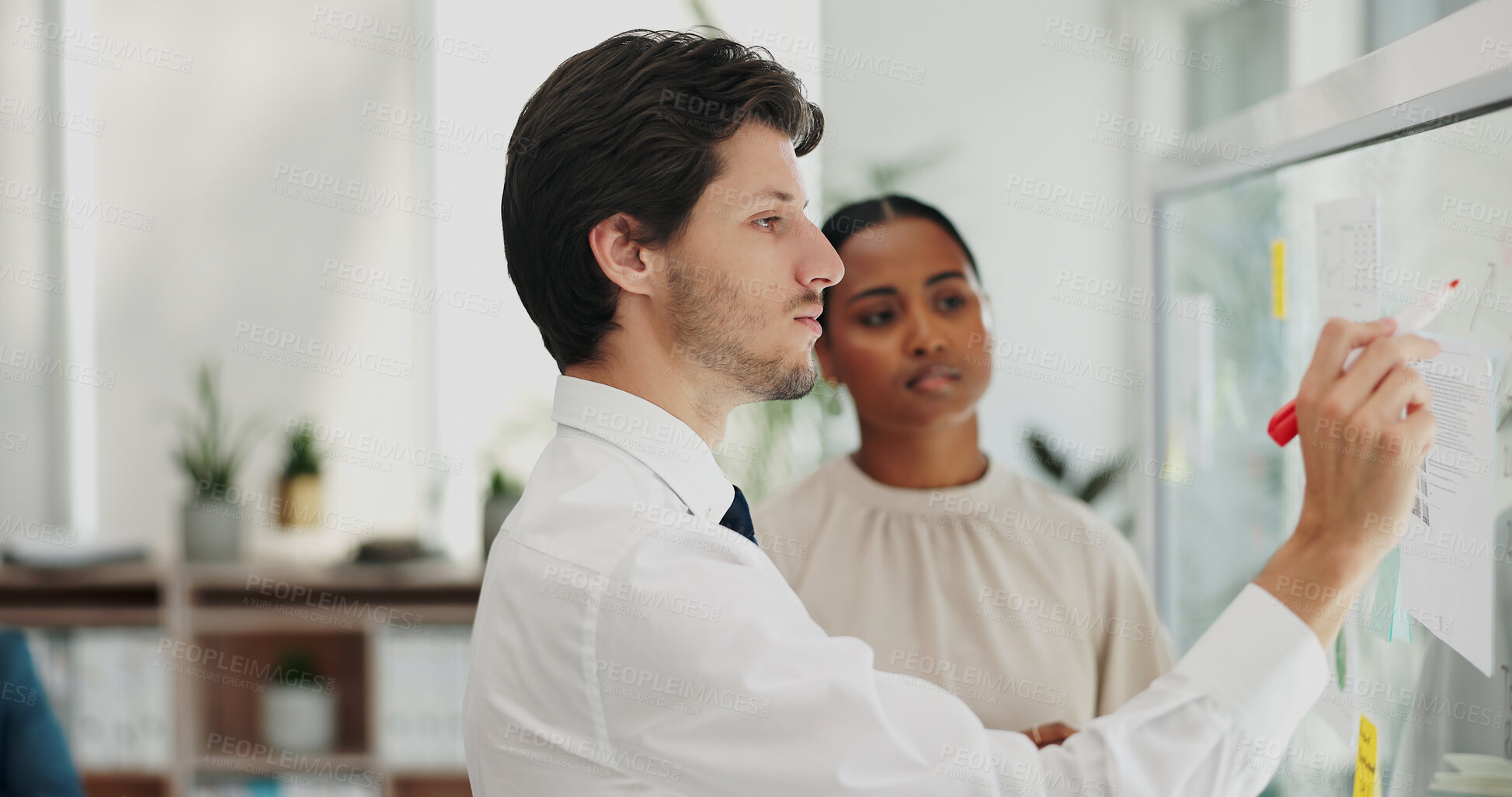 Buy stock photo Business people, sticky notes or glass board with writing in office, talking and collaboration for project management. Finance consultant, teamwork or diversity in brainstorming or scrum in workplace