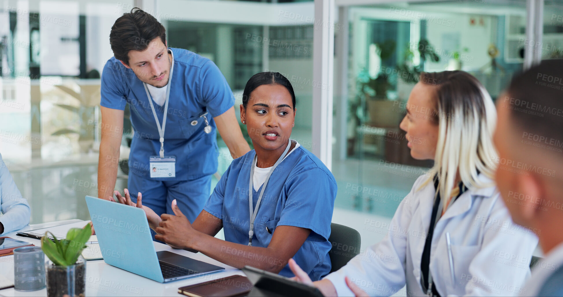 Buy stock photo Doctor, nurse and teamwork on laptop for meeting with clinical trial woman or leader listening to research results. Medical staff and students on computer talk of ideas, solution or vaccine progress