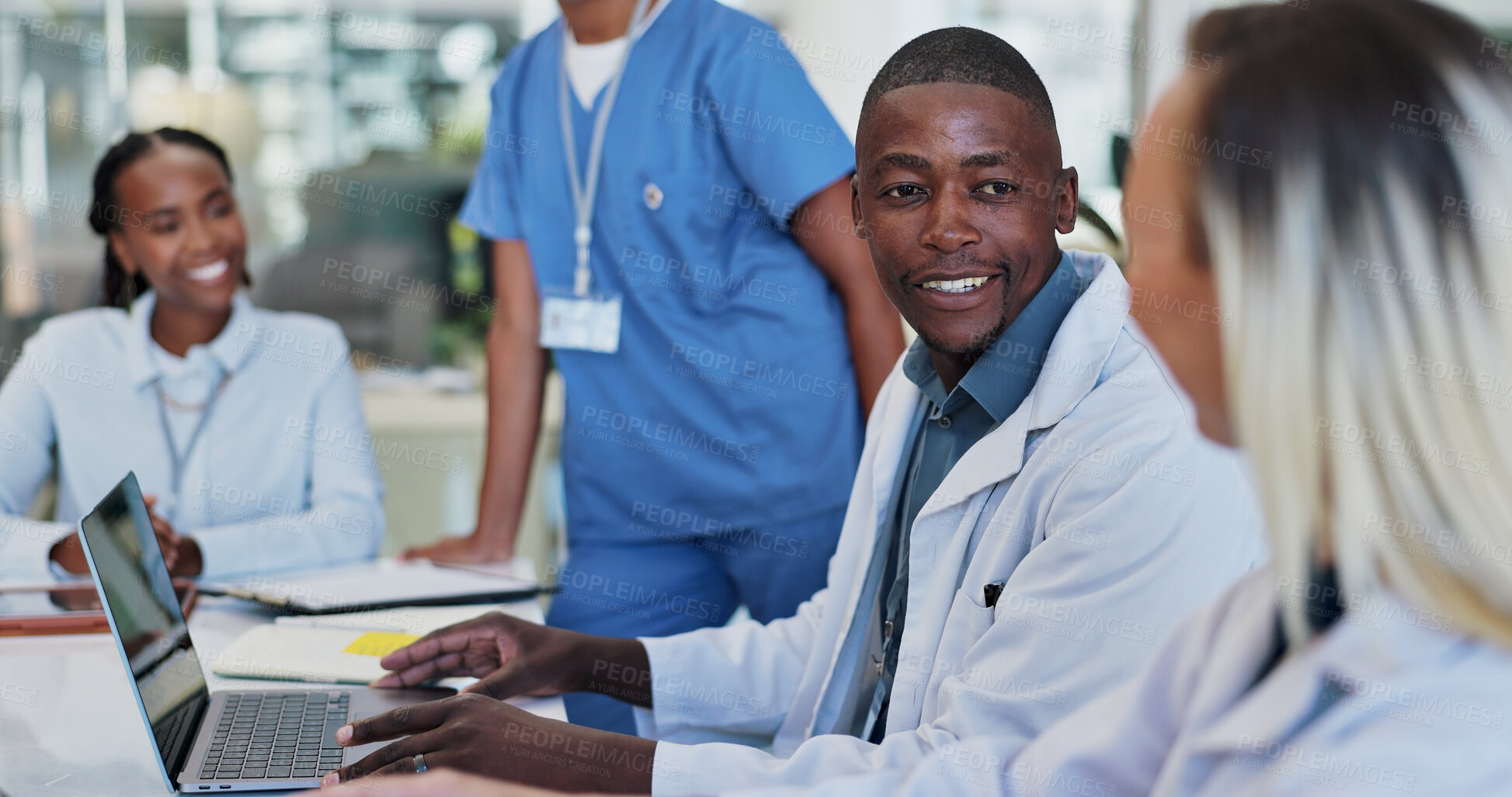 Buy stock photo Doctor, people and teamwork on laptop for meeting for hospital agenda, update and research results. Medical staff, group and man on computer talking of medicine ideas, solution or vaccine progress