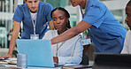 Medical, group and meeting for healthcare in conference room with technology, strategy and discussion. Collaboration, doctor and nurse team in boardroom for surgery brainstorming and health planning