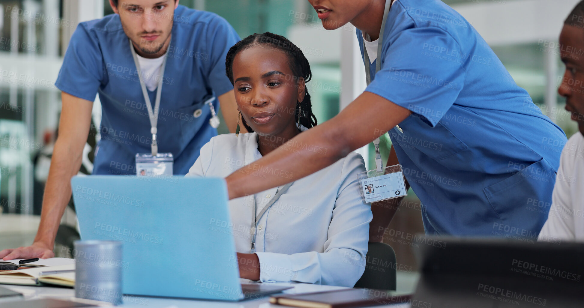 Buy stock photo Brainstorming, laptop and meeting for healthcare in conference, technology and discussion with medical workers. Collaboration, doctor and nurse in team for affirmative action, health and planning