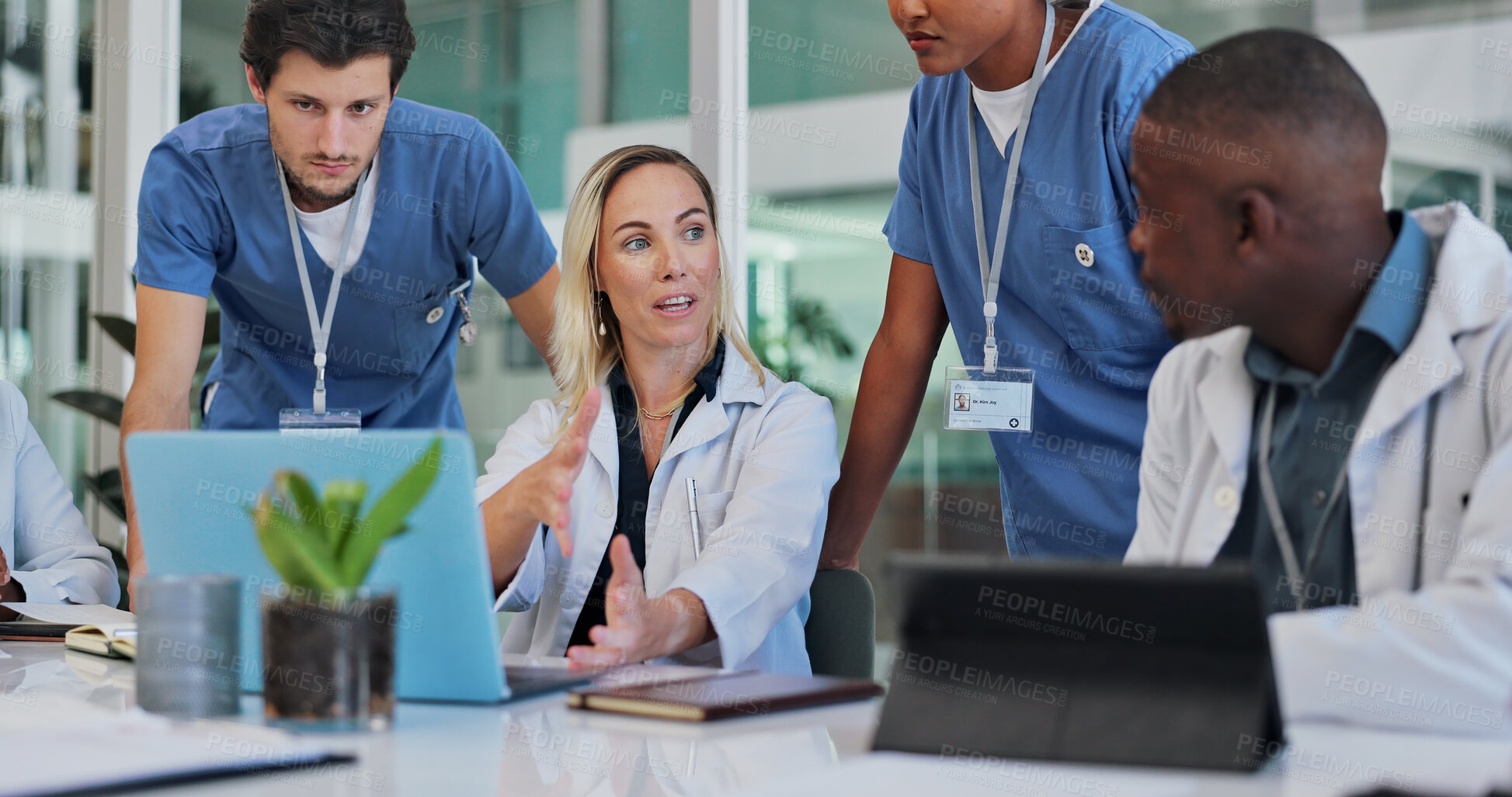 Buy stock photo Planning, laptop and group for healthcare in conference, technology and discussion with medical workers. Collaboration, doctor or nurse in team, brainstorming or search for innovative health research