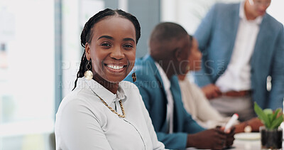 Business woman, smile and face at meeting with group for pride, confidence and growth for career in office. African employee, person and happy with staff in boardroom together for discussion at job