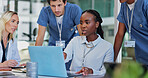 Office, laptop and doctors with medical advisor for meeting, discussion and planning for health insurance. Conversation, computer and hospital staff brainstorming with healthcare consultant for ideas