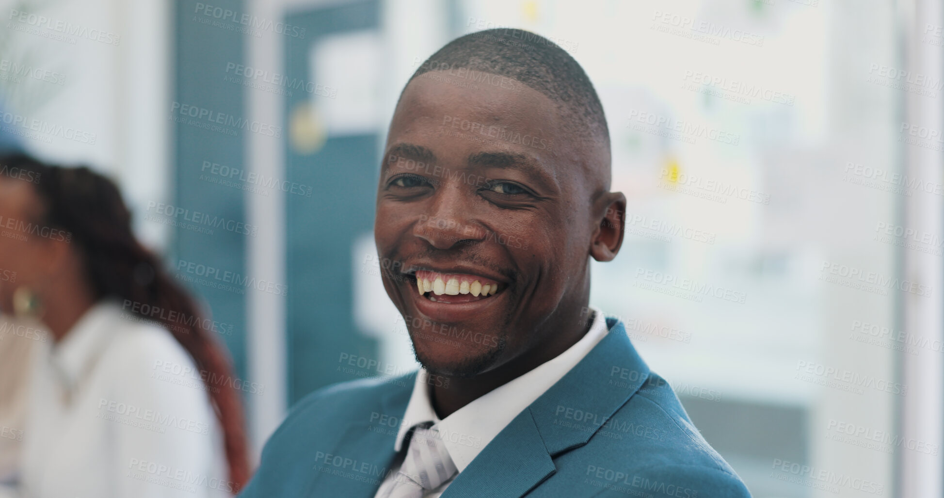 Buy stock photo Business man, face and smile of account executive in a meeting and happy from office job. Professional, corporate and African male worker with career confidence in a boardroom at workplace desk