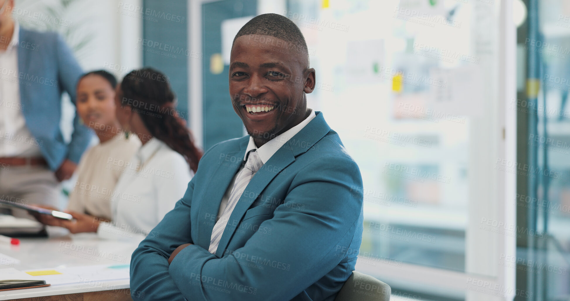 Buy stock photo Business man, face and smile of account executive in a meeting and happy from office job. Professional, corporate and African male worker with career confidence in a boardroom at workplace desk