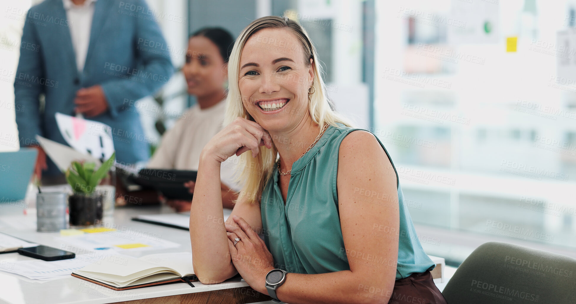 Buy stock photo Business woman, face and smile of public relations worker with laugh and happy from office job. Professional, agency and coworking with career confidence in a boardroom at workplace desk with joke