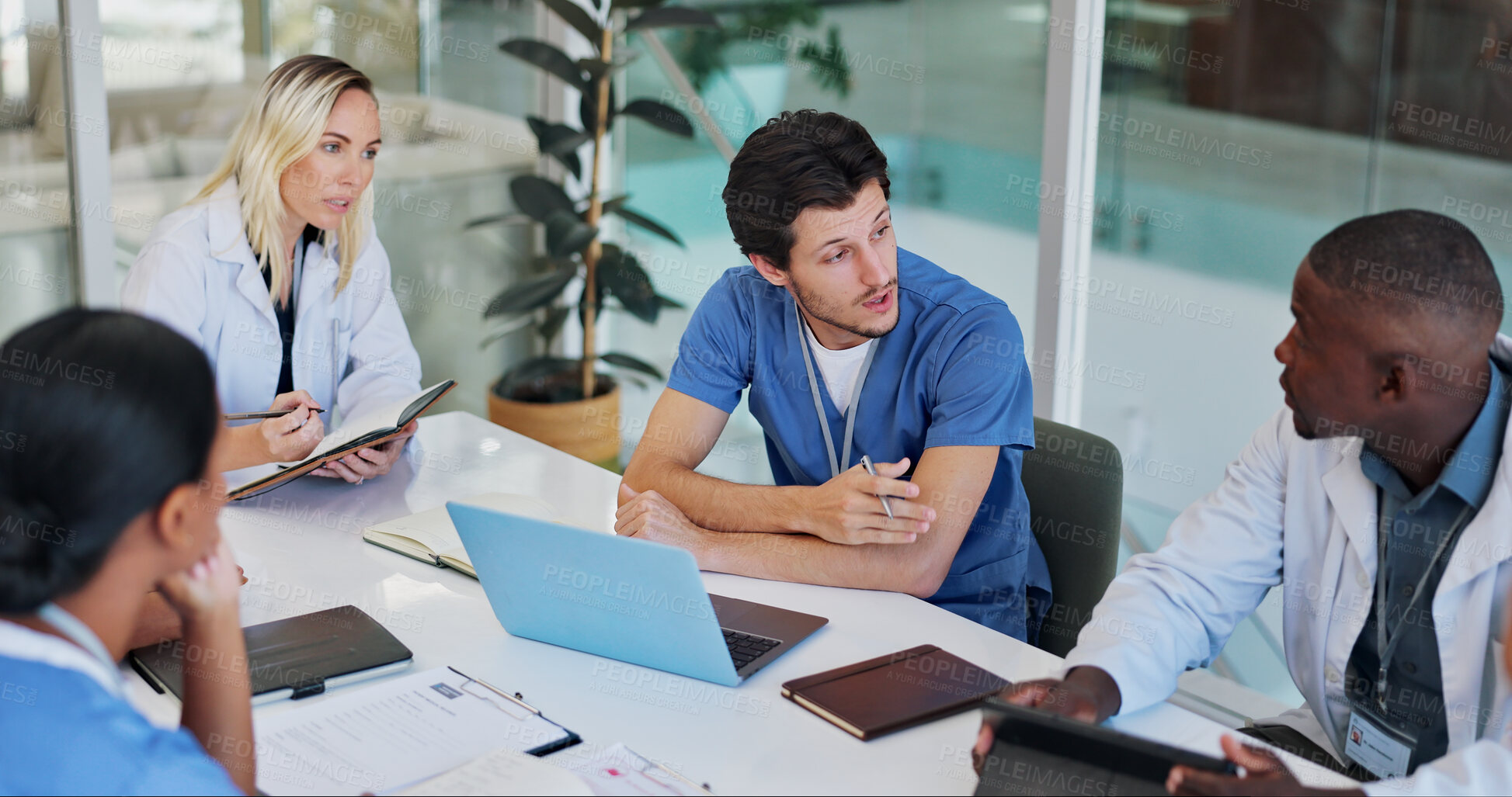 Buy stock photo Research, laptop and meeting for healthcare conference, technology and discussion with medical workers. Collaboration, doctor and nurse in team together, health ideas and innovative planning