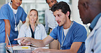 Nurse, team and meeting for healthcare in conference room with technology, listening and discussion. Collaboration, doctor and medical group in boardroom for surgery brainstorming and health planning