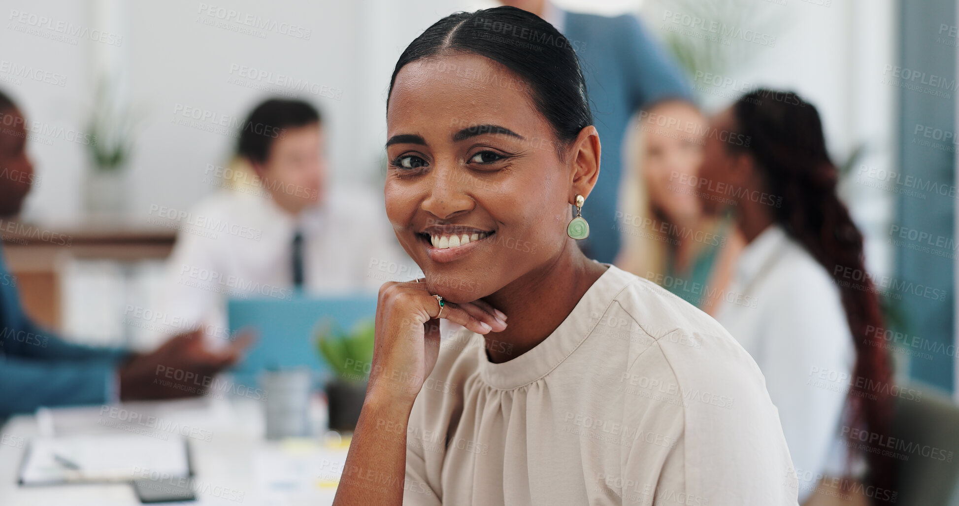 Buy stock photo Business woman, face and smile in modern office, ambition and new job with commitment in career. Indian person, it consultant and positive portrait in meeting, diversity and collaboration in company