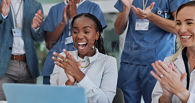 Buy stock photo Doctor, people and clapping for celebration, success and excited news of clinical trial results in liver cancer vaccine. Woman or medical staff applause, teamwork or praise for healthcare on laptop