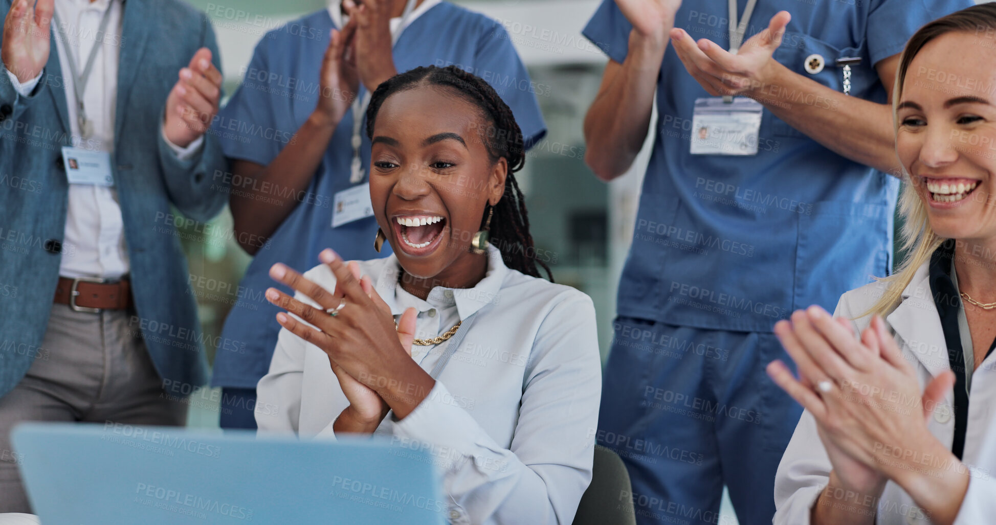 Buy stock photo Doctor, people and clapping for celebration, success and excited news of clinical trial results in liver cancer vaccine. Woman or medical staff applause, teamwork or praise for healthcare on laptop