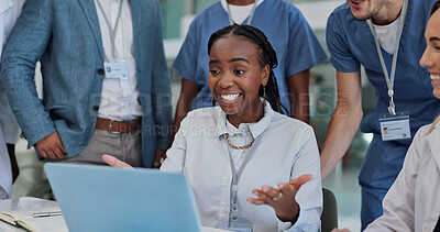 Buy stock photo doctor, people and teamwork leader on computer with results, news or excited for medical progress. Medical woman, staff and group with laptop reading clinic report, records and happy for research