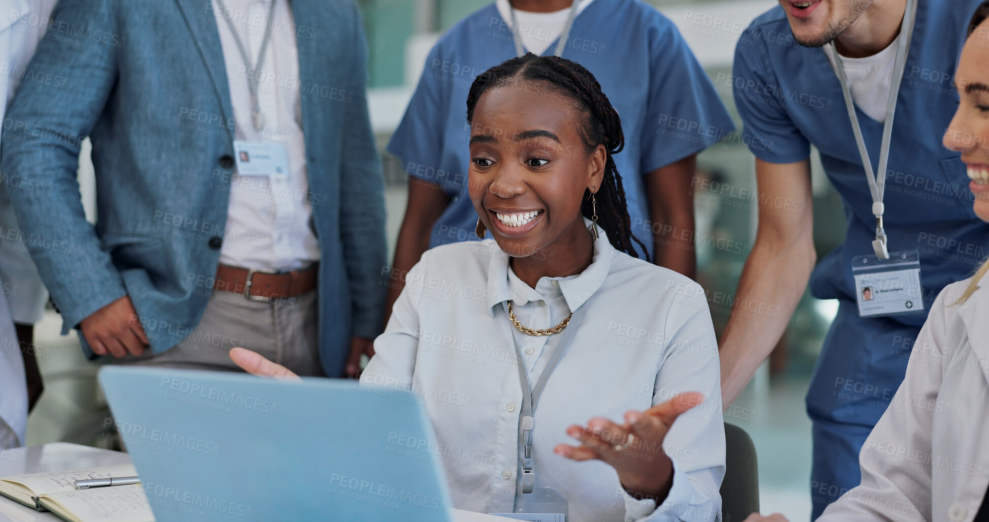 Buy stock photo doctor, people and teamwork leader on computer with results, news or excited for medical progress. Medical woman, staff and group with laptop reading clinic report, records and happy for research