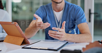 Buy stock photo Tablet, documents and hands of nurse with doctors in hospital for medical treatment discussion. Paperwork, digital technology and healthcare worker with team for diagnosis information in clinic.