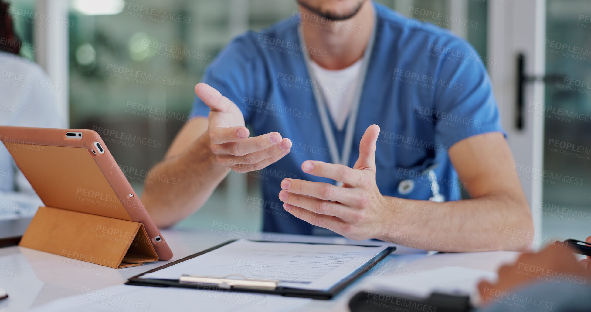 Buy stock photo Tablet, documents and hands of nurse with doctors in hospital for medical treatment discussion. Paperwork, digital technology and healthcare worker with team for diagnosis information in clinic.