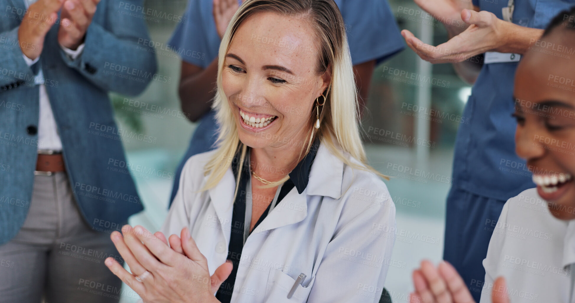 Buy stock photo Doctor, woman and clapping for teamwork, celebration and success or news of clinical trial results in liver cancer vaccine. Excited group or medical staff applause or praise for healthcare excellence