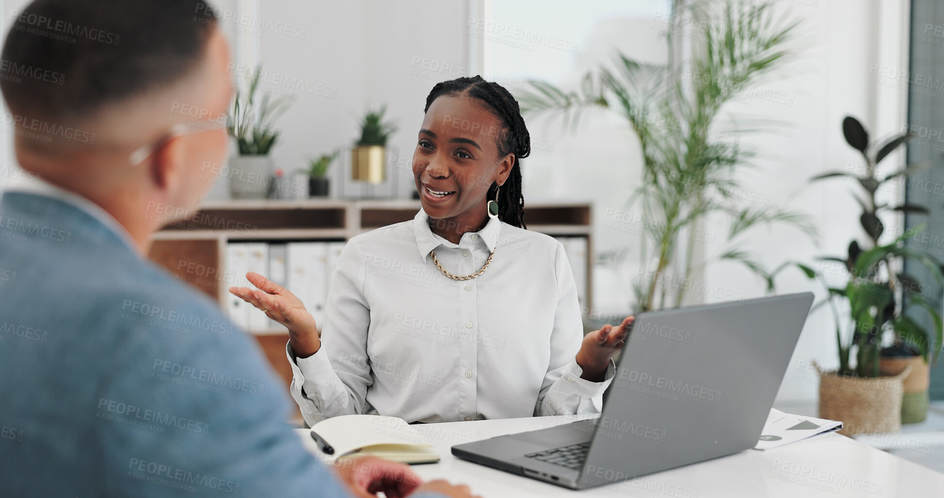 Buy stock photo Meeting, discussion and business black woman in office for planning, conversation and consulting. Corporate, human resources and workers for collaboration, teamwork and talking for interview feedback