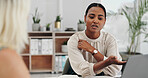 Meeting, discussion and business women in office for planning, conversation and consulting. Corporate, professional and workers for collaboration, teamwork and talking for project, review or feedback