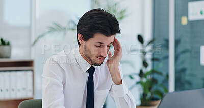 Stress, headache and businessman sun office with laptop, glitch or burnout, 404 or mistake. Anxiety, migraine or male worker online with tax, error or audit, vertigo or frustrated by internet problem