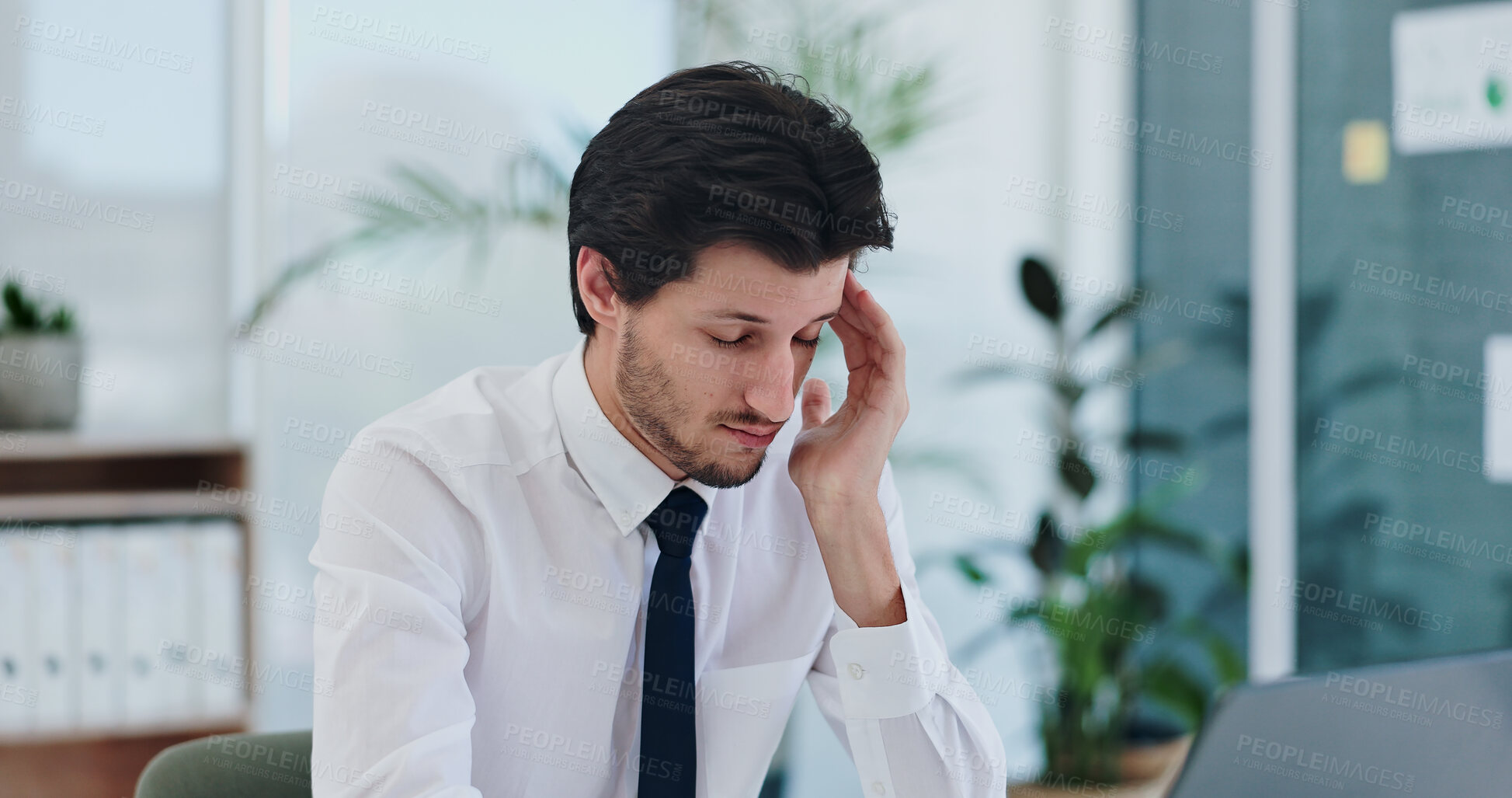 Buy stock photo Stress, headache and businessman sun office with laptop, glitch or burnout, 404 or mistake. Anxiety, migraine or male worker online with tax, error or audit, vertigo or frustrated by internet problem