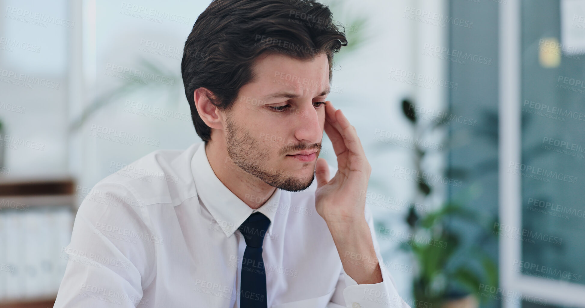 Buy stock photo Headache, stress or businessman in office with burnout, fail or mistake, trauma or panic. Anxiety, migraine or male worker with temple massage for vertigo, brain fog or crisis, fail or worry disaster