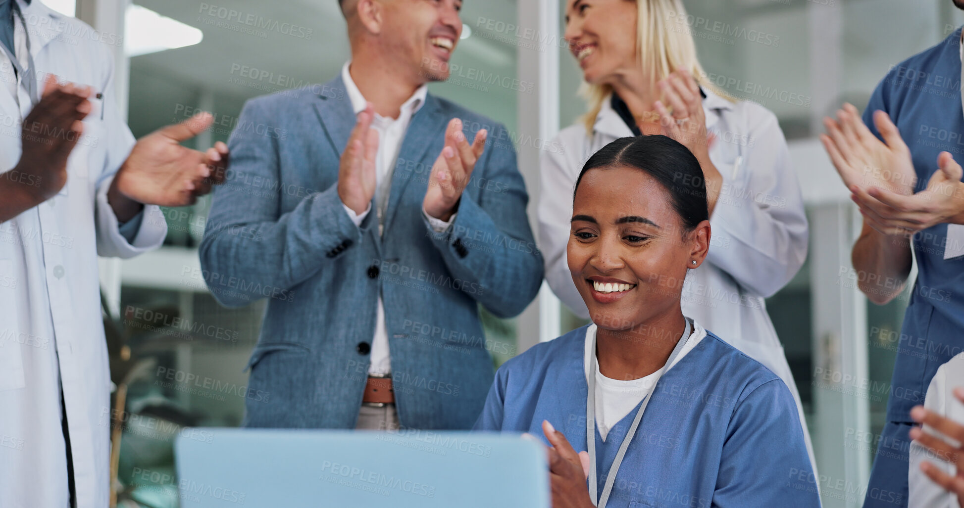 Buy stock photo Doctor, nurse and clapping for celebration, success and excited news of clinic cancer results, records or progress. Woman, stakeholder and medical staff applause or praise in healthcare announcement