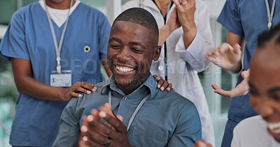 Buy stock photo Doctors, teamwork and people applause in hospital for good news, achievement and medical success. Healthcare, clinic and men and women in meeting for collaboration, clapping hands and celebrate